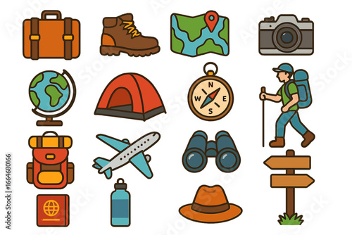 Travel icons collection featuring essential gear and activities for adventurous journeys worldwide, including backpacking, hiking, navigation, camping, and exploration in vibrant cartoon style