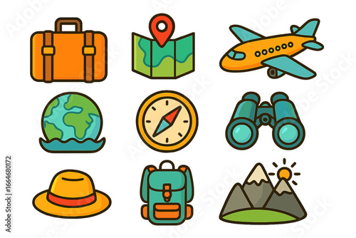 Colorful Travel Icons Representing Exploration, Adventure, Journey, Navigation, and Outdoor Activities in a Playful Cartoon Style for Modern Design and Travel Concepts Vector Illustration