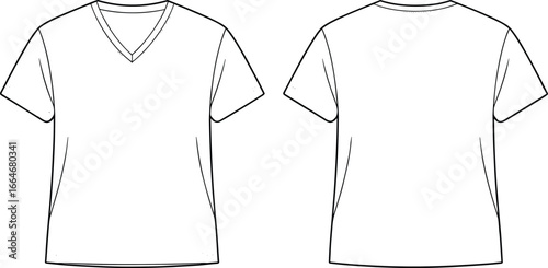 Blank short sleeve V-neck T-shirt fashion flat sketch template front and back view, unisex casual clothing design vector, apparel illustration