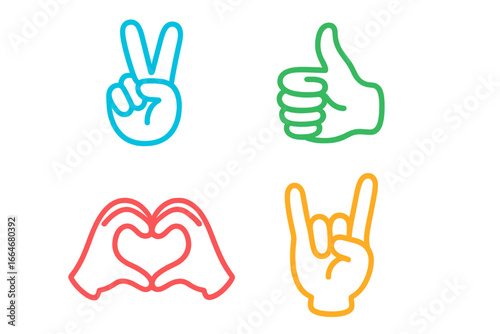Various hand gestures showing peace, approval, love, and fun, colorful outline style vector illustration on a clean background, cartoon style, expressive hands symbols for communication and emotions