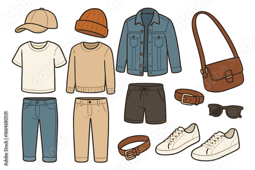Wardrobe essentials featuring casual clothing, hats, shoes, accessories for stylish everyday looks, denim jacket, sneakers, belts, tote bag, casual outfit elements, vector illustration