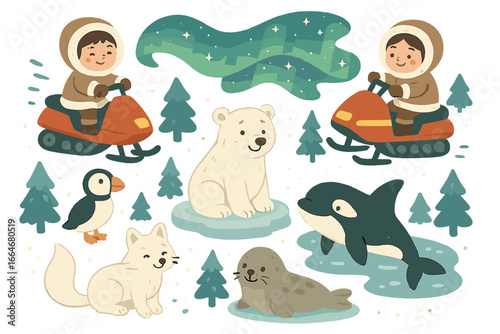 Whimsical Arctic northern lights illustration with polar animals, snowmobiles, eskimo children, and northern wildlife in charming cartoon style on transparent background