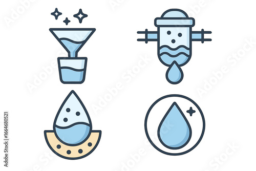 Water purification symbols illustrating essential clean water processes, filtration, purification, and access concepts in vector cartoon style with transparent background set
