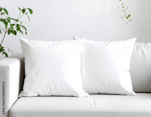 Two White Square Throw Pillows on a Light Beige Sofa.