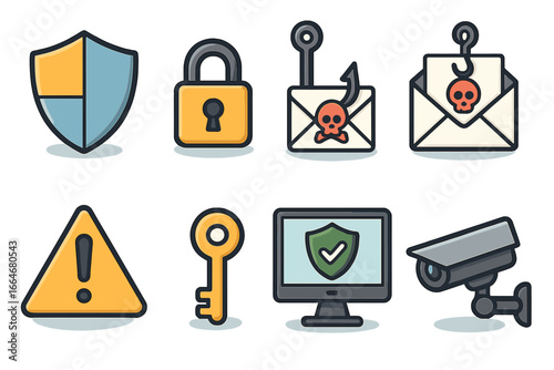 Security icons representing digital safety and protection concepts including shield, lock, phishing email, alert warning, key, secure computer, and surveillance camera in modern vector cartoon style