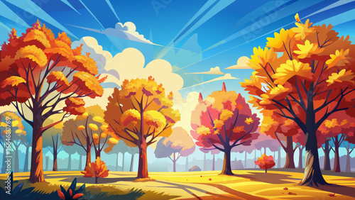 Autumn fall trees rise proudly against clear blue sky, radiant colors glowing warmly, sunlight embracing branches, vibrant hues whisper life, serene afternoon unfolds timelessly, harmony of change and
