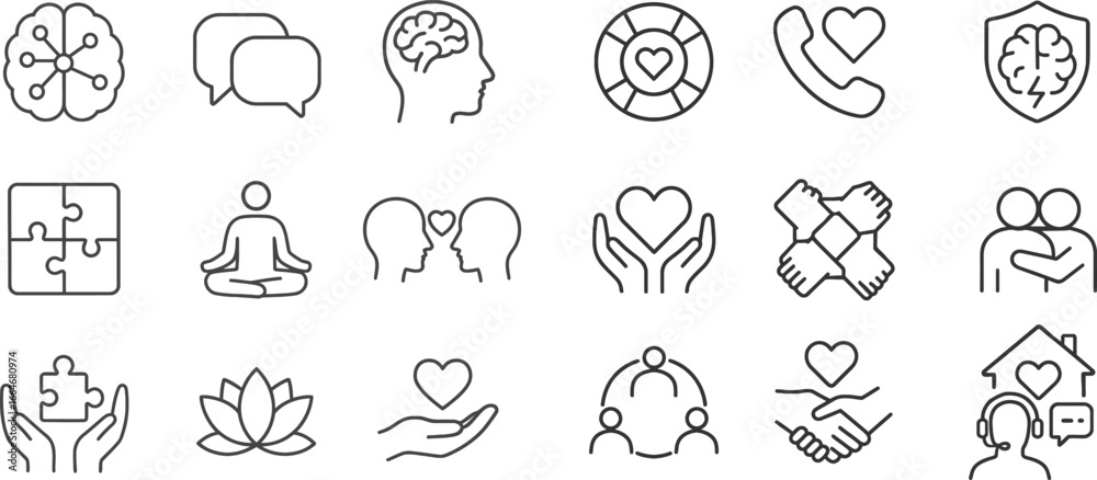 Obraz premium Mental Health and Support Icon Set – Wellness, Care, Meditation, Heart, Community, Therapy, Vector Clipart
