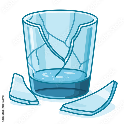 Blue transparent drinking glass shattered on the floor with scattered pieces kawaii doodle flat 2D cartoon vector illustration
