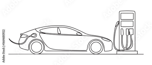 Continuous one-line drawing electric car is charging at the gas station. Electric car concept single line draws design. Vector black silhouette. with white background
