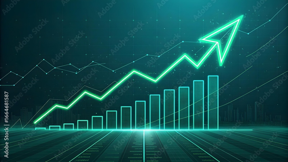 Naklejka premium Digital abstract representation of financial growth with a glowing green bar chart and upward arrow, signifying economic progress and market success