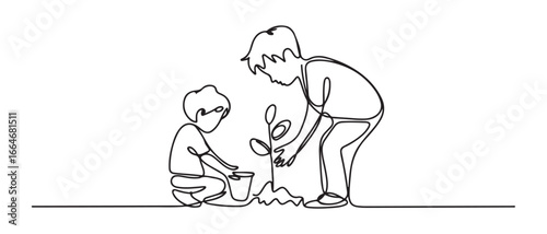 Single one-line drawing boy planting a tree on earth day. Earth day concept. continuous line draw design graphic vector illustration. Vector black silhouette. with white background