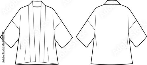 Kimono jacket cad drawing flat vector illustration, women outerwear fashion design, apparel garment technical sketch, clothing template outline, front back view fashion flat