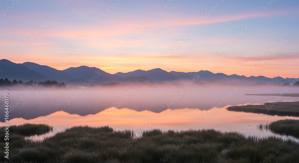 Fototapeta premium A wide-angle panoramic view of a misty mountain range at sunrise, with vibrant pastel sky and soft reflections in a lake—serene, nature-driven editorial look