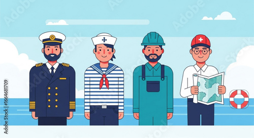 Diverse maritime crew cartoon illustration showcasing different roles and responsibilities on a ship including captain, sailor, engineer and medic near the ocean