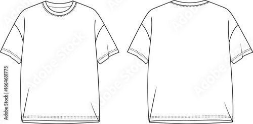 Oversized t-shirt flat sketch, vector technical drawing, unisex casual fashion apparel template, front and back view, clothing cad illustration, short sleeve design