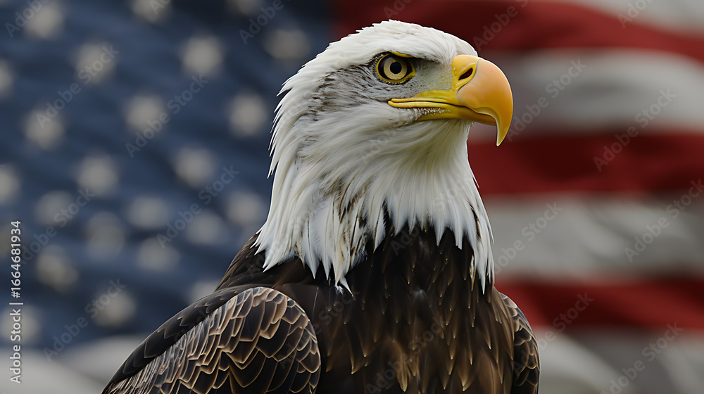 Obraz premium Bald eagle with the american flag in the background, a symbol of freedom, power, and the united states of america, closeup shot