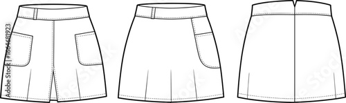 Skirt flat sketch, technical drawing front and back, pleated skirt template, women’s garment outline, clothing fashion design, cad drawing flat vector illustration