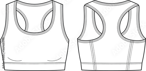 Sports bra flat sketch, technical drawing front and back, women’s activewear template, fitness apparel outline, fashion cad drawing flat vector illustration