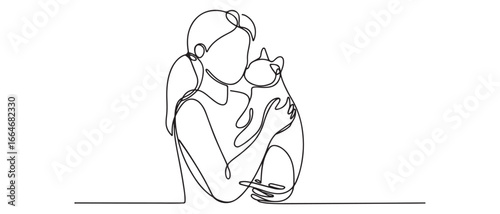 Single one line drawing girl holding her cat. Urban pets concept. Continuous line draw design graphic vector illustration. Vector black silhouette. with white background