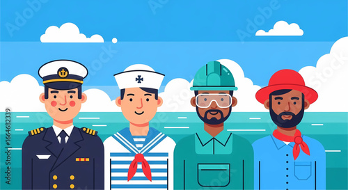 Diverse maritime workforce illustration featuring captain, sailor, construction worker, and field worker showcasing unity and teamwork on the sea