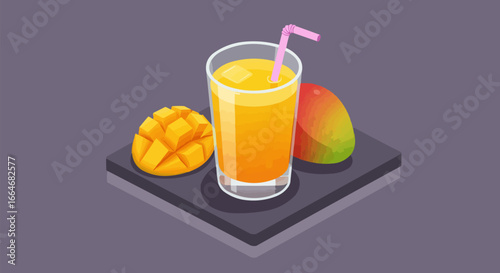 Isometric Mango Juice Illustration with Fresh Whole and Sliced Mango Fruit on Tray