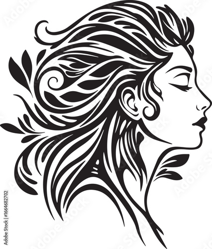 Black and white silhouette of a woman's profile with ornate, flowing hair and floral elements vector