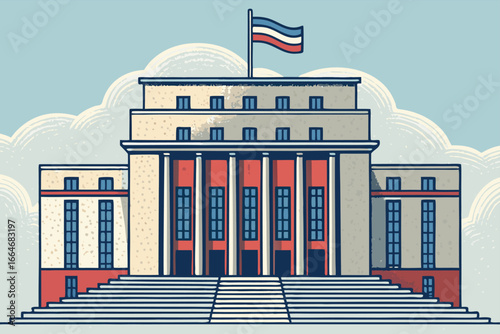 Grand central bank exterior, national flag flying proudly.