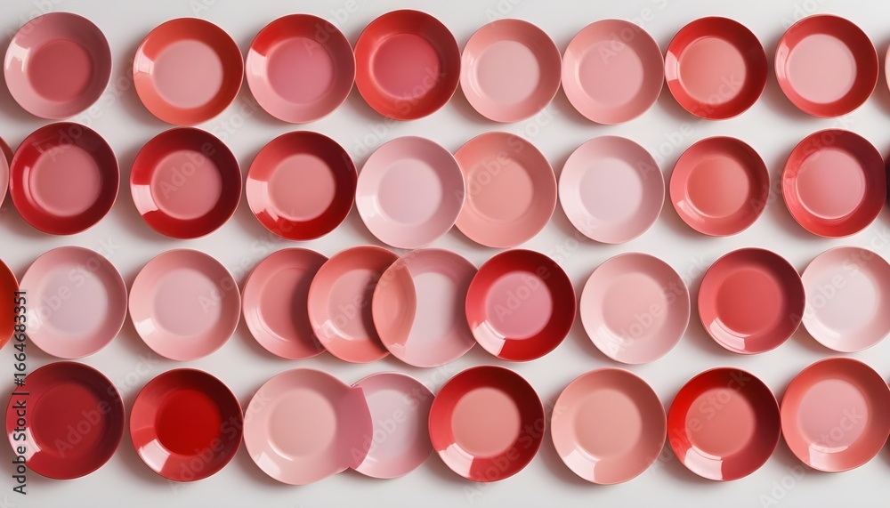 A collection of pink and red plates arranged on a white surface. A collection of pink and red plates arranged on a white surface.