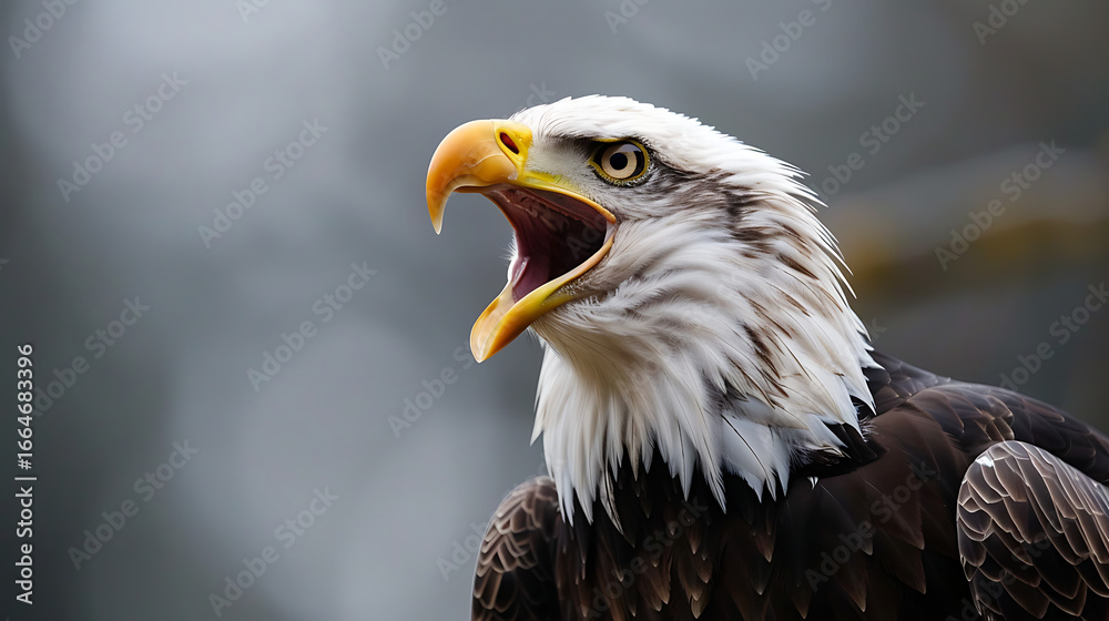 Obraz premium Bald eagle with open beak, screaming, symbolizing power, freedom, and the untamed spirit of the wild, a majestic representation of natures strength