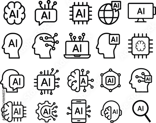 Artificial Intelligence Icon Set – AI Brain, Chip, Technology, Machine Learning, Neural Network, Vector Clipart