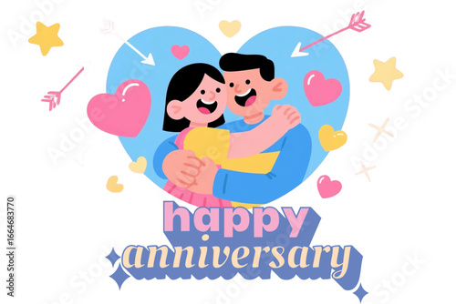 Cartoon couple hugging with hearts and “Happy Anniversary” typography.