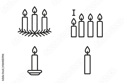 Advent wreath icon set. Christian Christmas tradition symbols. Four Sundays of Advent celebration candles. First week candle flame outline vector graphic for festive holiday design.
