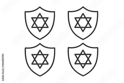 Star of David shield icon collection. Magen David protection symbol. Jewish religion and faith concept. Judaism security emblem. Israel national sign. Vector line art logo set.