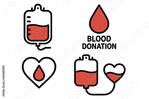 Blood donation icon set. Vector symbols for transfusion, medical charity, and saving life. Includes blood bag, drop, and heart. World blood donor day health care concept.