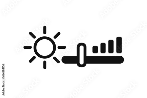 Brightness control icon with sun symbol and slider. Adjust screen light level. User interface element for display settings. Vector illustration for contrast and intensity control.