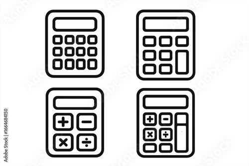 Calculator icon set. Vector line art illustration for finance, business, and education. Calculating machine symbols for math, accounting, and budget planning.