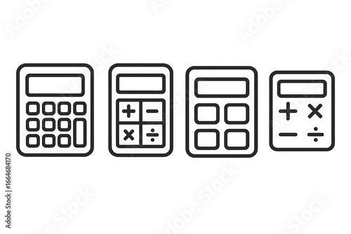 Calculator icon set. Vector outline calculating machine symbols. Financial math sign collection for web and mobile apps. Minimalist linear pictogram pack illustration.