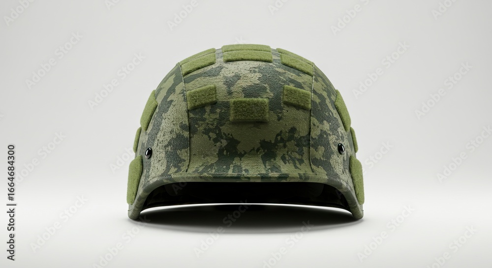 Fototapeta premium Camouflage military helmet with green velcro patches and visible liner on a white background
