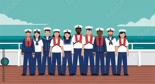 Diverse crew of naval officers standing on a ship's deck against the backdrop of a calm sea and a cloudy sky showcasing unity and service in a maritime environment