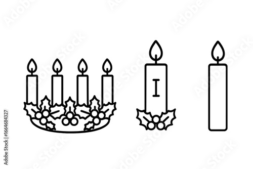 Advent wreath outline icon set for Christmas. Christian holiday tradition symbol. Four candles, holly decoration, and first sunday of advent candle vector illustration icons.