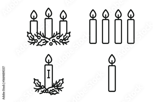 Advent wreath icon set with four Christmas candles. Christian holiday symbol for the first week of Advent. Religious decoration line art vector illustration collection.
