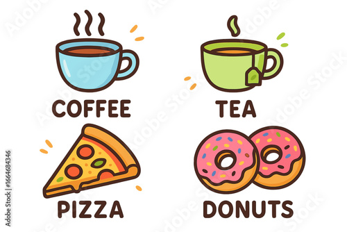 Cute cartoon food and drink icon set. Vector illustration of coffee, tea, pizza slice, and donuts. Kawaii design elements for cafe menu, bakery, or fast food sticker.