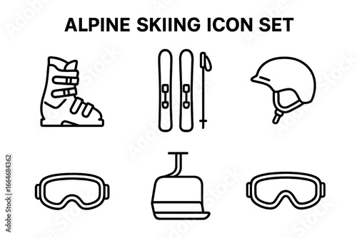 Alpine skiing winter sports equipment line icon set. Vector outline illustration of ski gear: boots, skis, poles, helmet, goggles, and ski lift chair. Linear pictogram symbols.