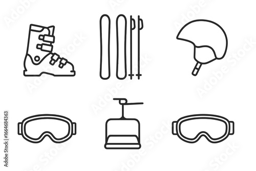 Alpine skiing outline icon set. Winter sports gear vector collection. Includes ski boot, skis, poles, helmet, goggles, and ski lift chair. Mountain activity equipment symbols.