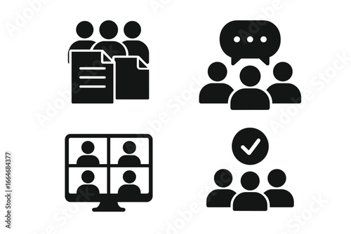 Team collaboration icon set. Business teamwork, communication, meeting symbols. Remote work, video conference, project management, and successful team vector glyphs.