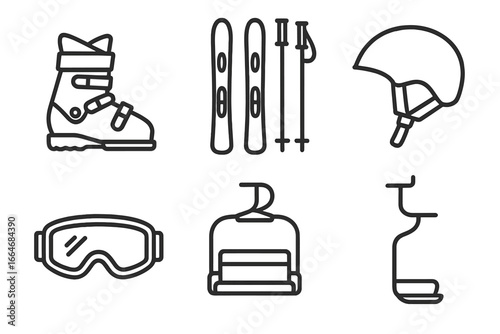 Alpine skiing equipment icon set. Winter sports gear collection with ski boot, skis, poles, helmet, and goggles. Includes chairlift vector symbols. Line art illustration design.