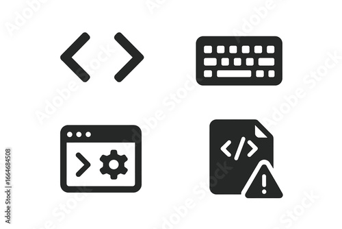 Programming and coding solid glyph icon set. Software development tools. Keyboard, code brackets, compiler or terminal, and script file error or bug warning vector signs.