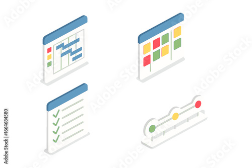 Isometric project management icon set. Gantt chart for scheduling, Kanban board workflow, task checklist, timeline roadmap. Business planning & effective organization tools.