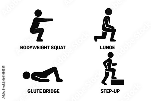 Bodyweight workout icons. Lower body exercise pictogram set. Fitness and gym training symbols. Includes squat, lunge, glute bridge, step-up for leg day. Vector glyphs.