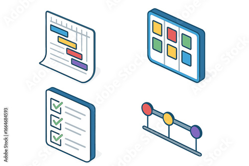Project management isometric icon set. Gantt chart, Kanban board, checklist, timeline. Business process, planning, workflow, and productivity tools for agile methodology.